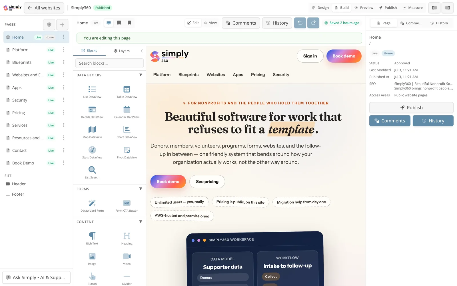 The Simply360 website in Website Studio.