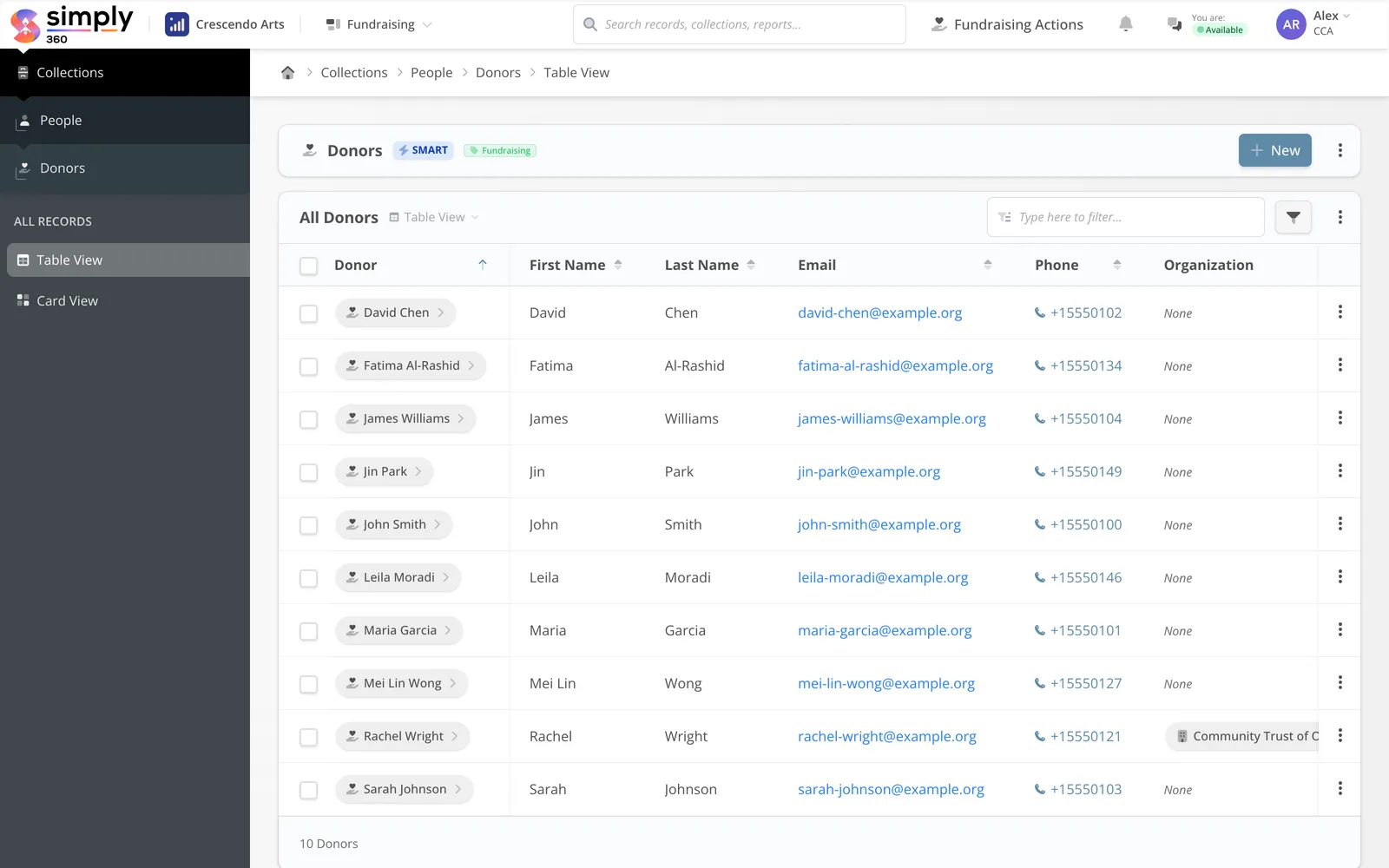 Donor records in Simply360.